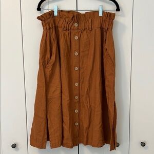 Button-Front Paperbag Waist Midi Skirt in Rust